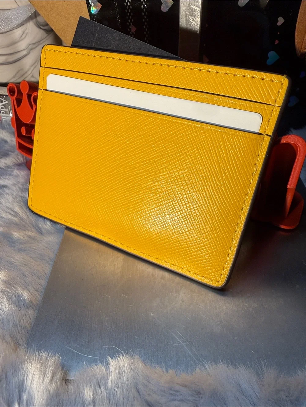 kate spade Bright Yellow Saffiano Leather Card Holder with Gold Logo